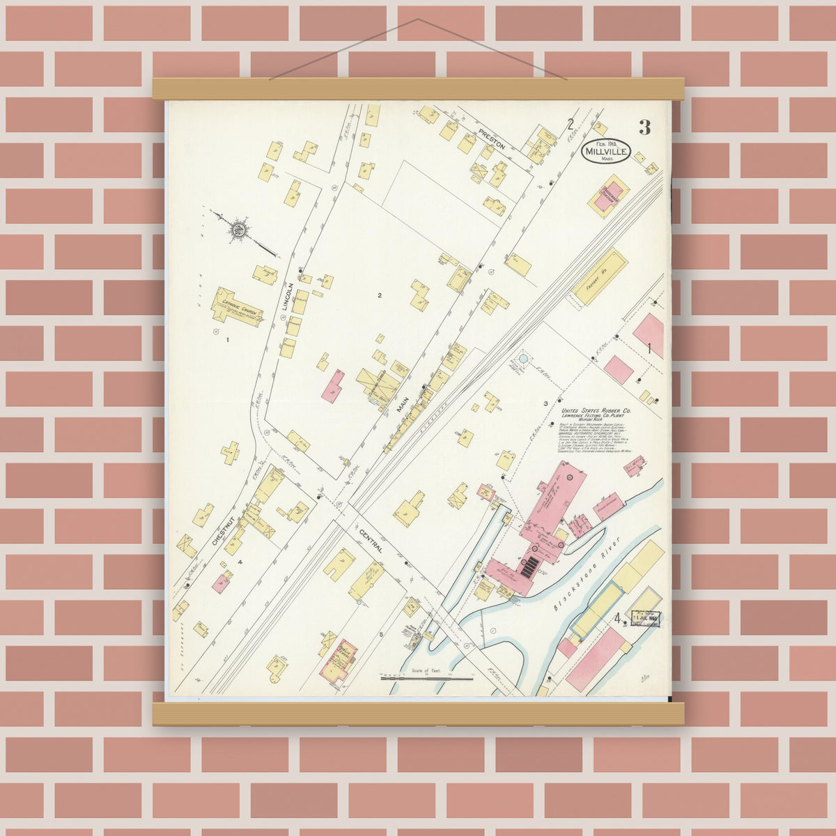 Old map wall art mockup — magnetic wood frame on brick wall — Sanborn Fire Insurance Map from Millville, Worcester County, Massachusetts (1913), Sheet #0003