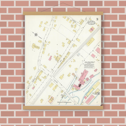 Old map wall art mockup — magnetic wood frame on brick wall — Sanborn Fire Insurance Map from Millville, Worcester County, Massachusetts (1913), Sheet #0003