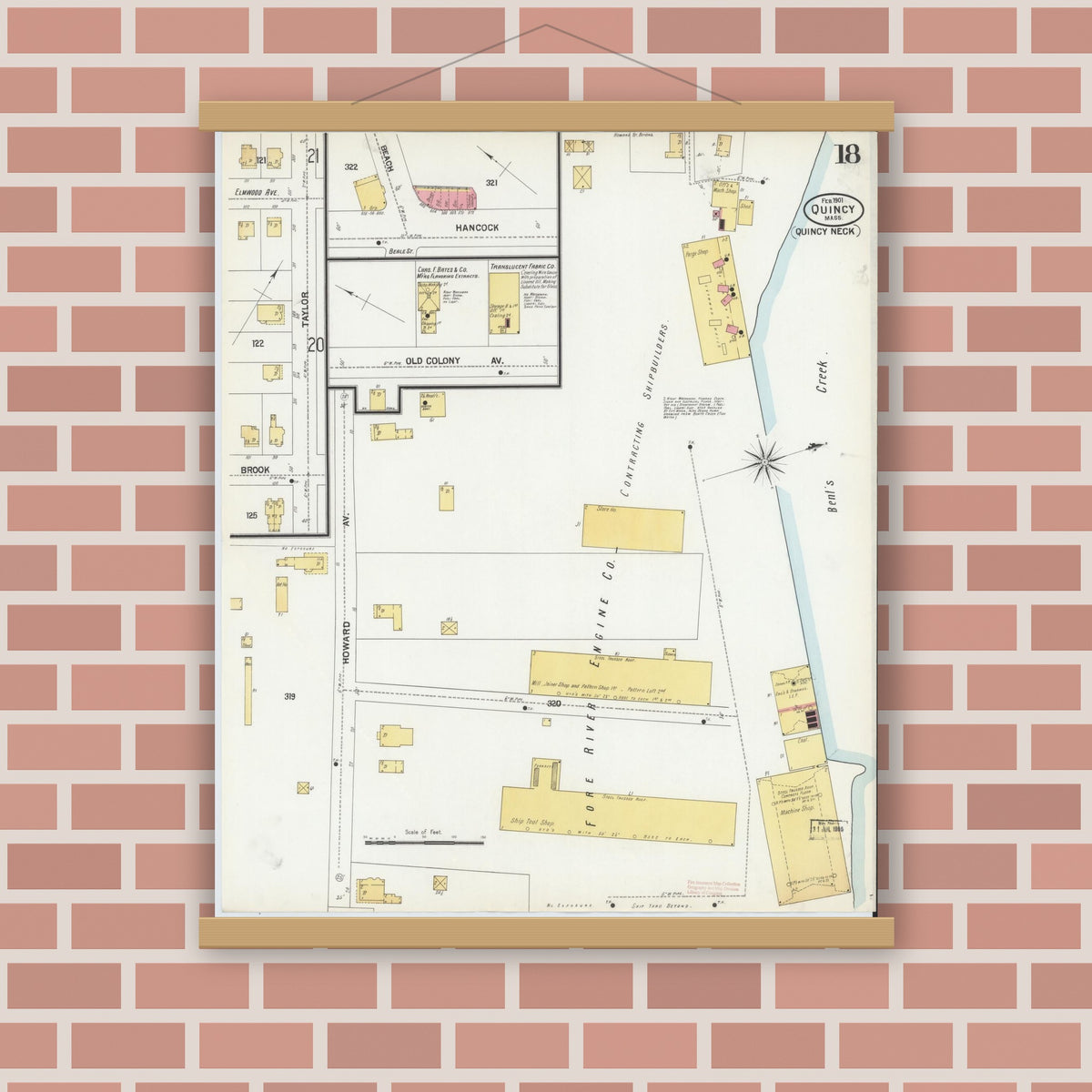 Old map wall art mockup — magnetic wood frame on brick wall — Sanborn Fire Insurance Map from Quincy, Norfolk County, Massachusetts (1901), Sheet #0018