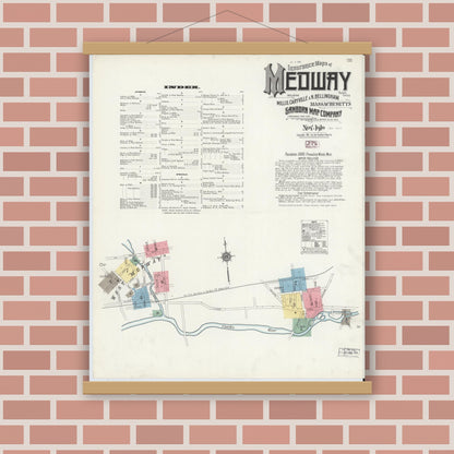 Old map wall art mockup — magnetic wood frame on brick wall — Sanborn Fire Insurance Map from Medway, Norfolk County, Massachusetts (1910) - Complete Map Set