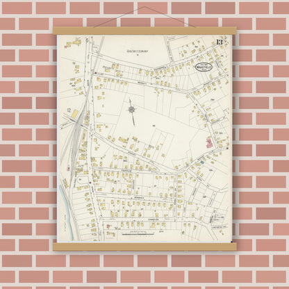 Old map wall art mockup — magnetic wood frame on brick wall — Sanborn Fire Insurance Map from Wakefield, Middlesex County, Massachusetts (1915), Sheet #0013