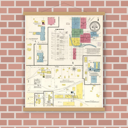 Old map wall art mockup — magnetic wood frame on brick wall — Sanborn Fire Insurance Map from Belton, Bell County, Texas (1907), Sheet #0001