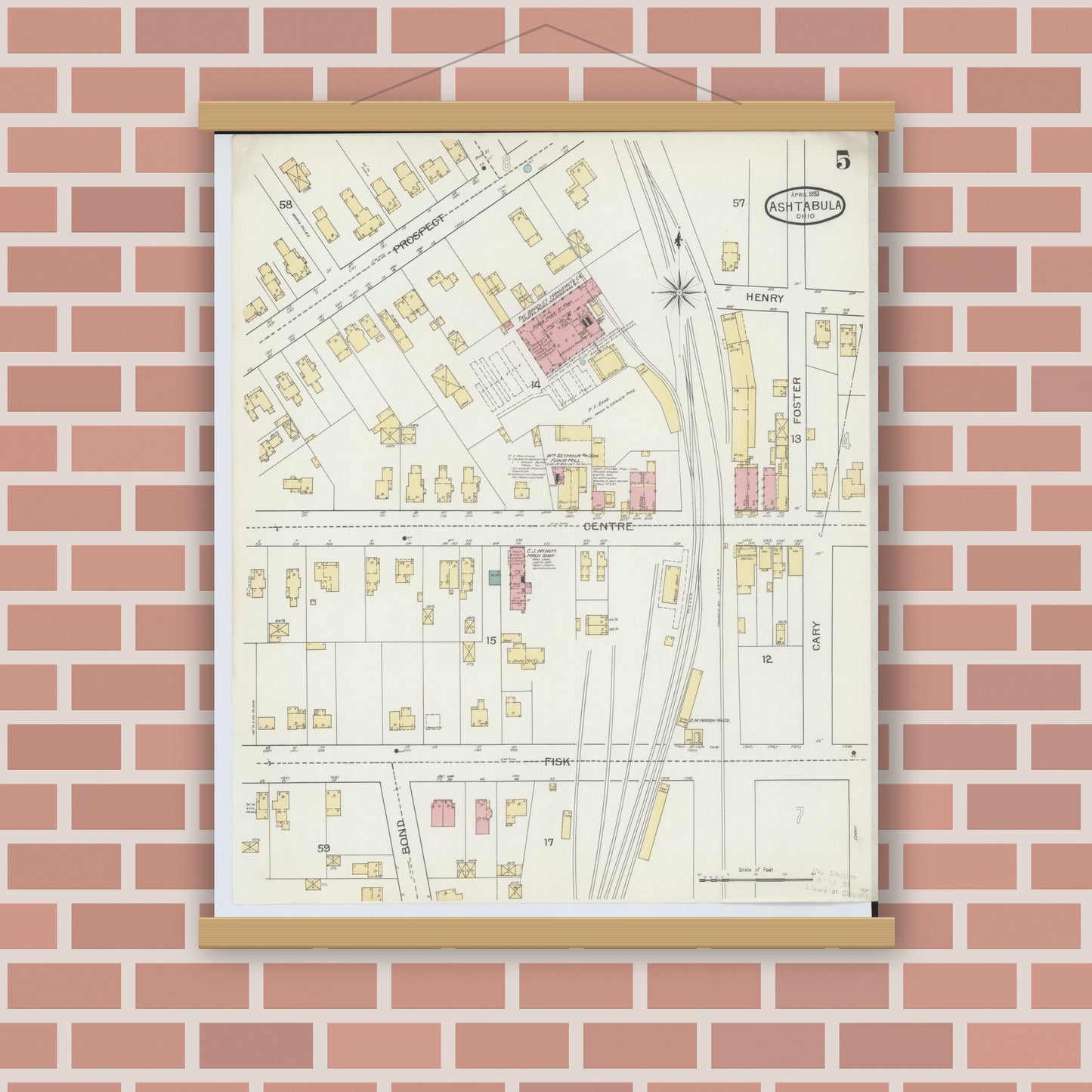 Old map wall art mockup — magnetic wood frame on brick wall — Sanborn Fire Insurance Map from Ashtabula, Ashtabula County, Ohio (1893), Sheet #0005