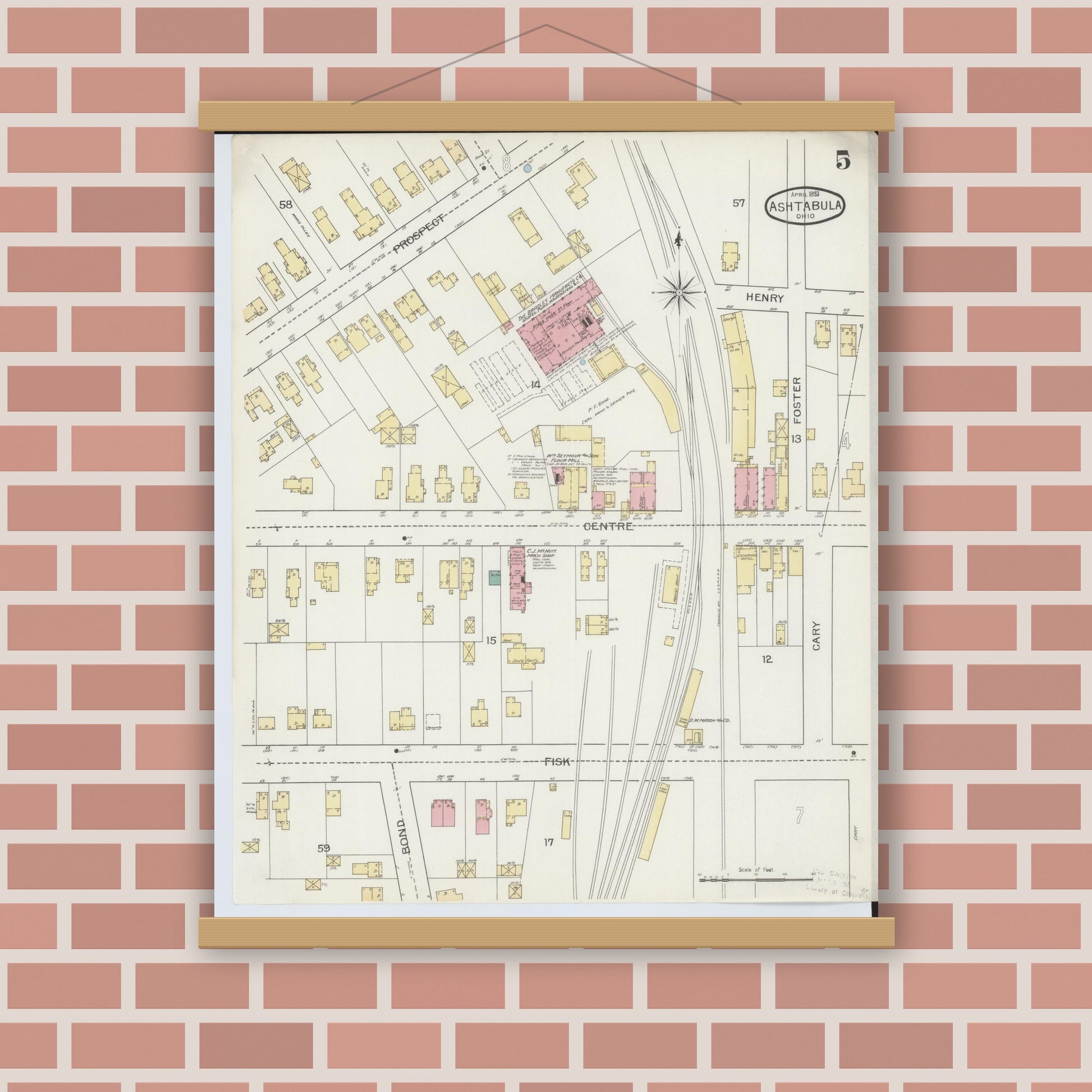 Old map wall art mockup — magnetic wood frame on brick wall — Sanborn Fire Insurance Map from Ashtabula, Ashtabula County, Ohio (1893), Sheet #0005