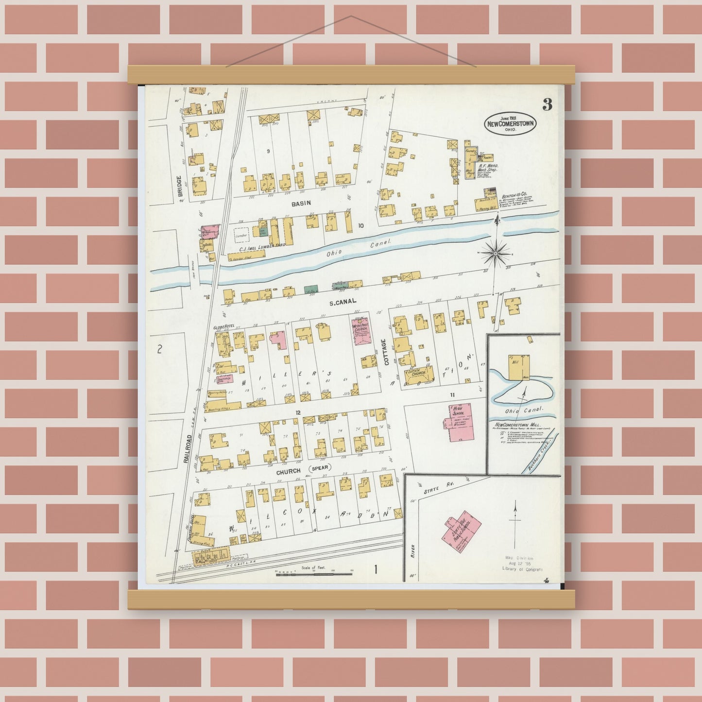 Old map wall art mockup — magnetic wood frame on brick wall — Sanborn Fire Insurance Map from Newcomerstown, Tuscarawas County, Ohio (1901), Sheet #0003