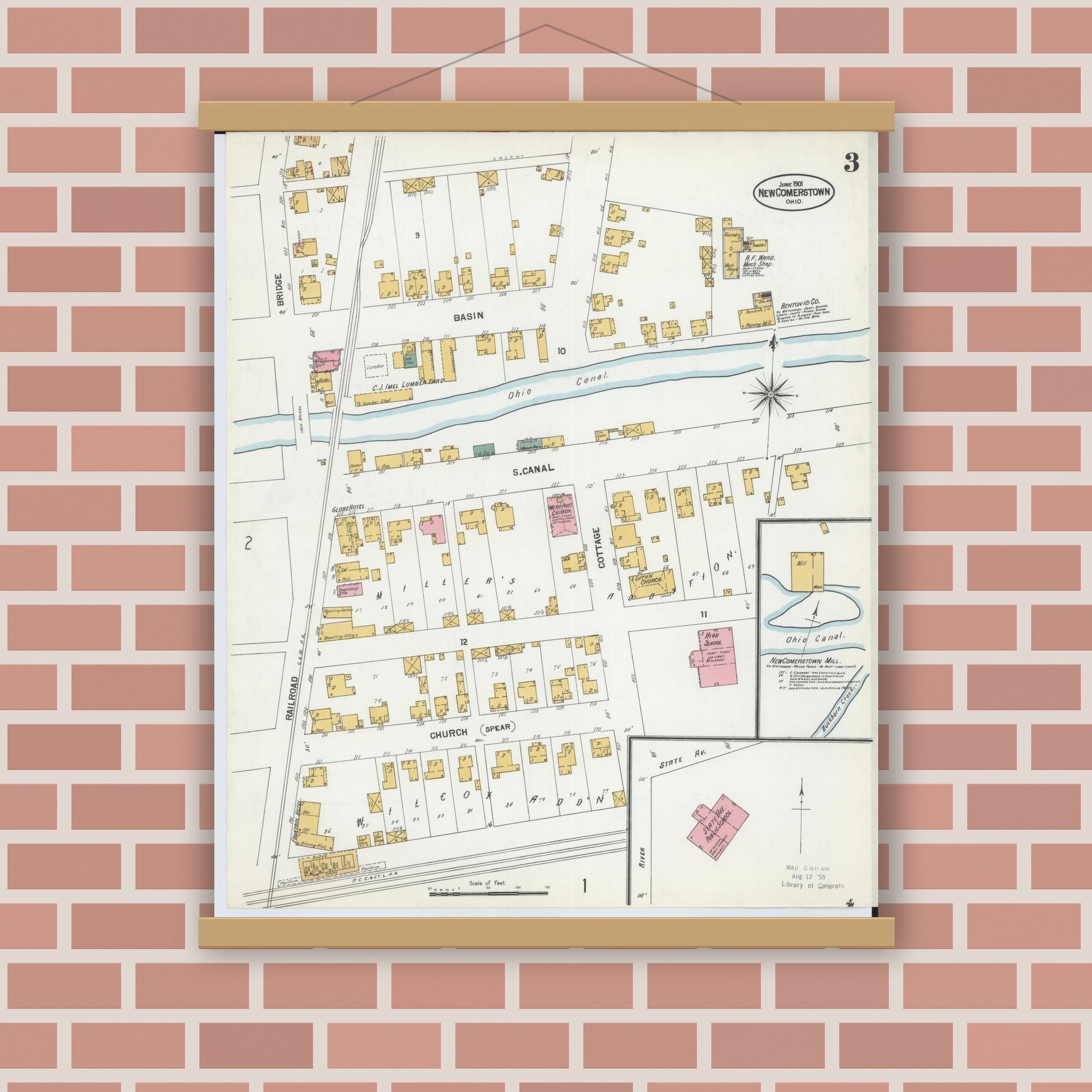 Old map wall art mockup — magnetic wood frame on brick wall — Sanborn Fire Insurance Map from Newcomerstown, Tuscarawas County, Ohio (1901), Sheet #0003
