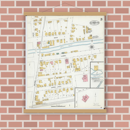 Old map wall art mockup — magnetic wood frame on brick wall — Sanborn Fire Insurance Map from Newcomerstown, Tuscarawas County, Ohio (1901), Sheet #0003