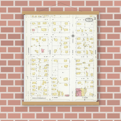 Old map wall art mockup — magnetic wood frame on brick wall — Sanborn Fire Insurance Map from Litchfield, Montgomery County, Illinois (1910), Sheet #0002