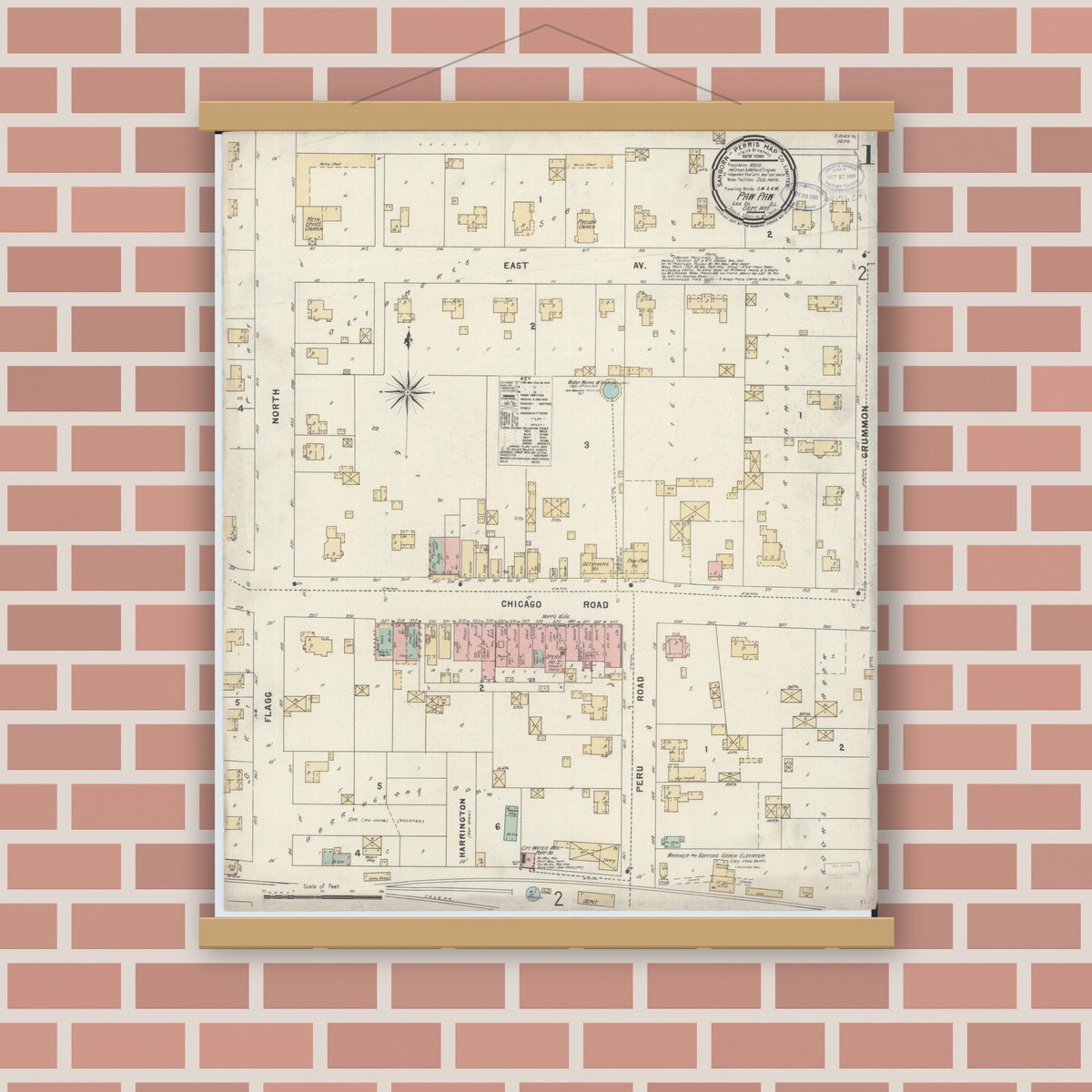 Old map wall art mockup — magnetic wood frame on brick wall — Sanborn Fire Insurance Map from Paw Paw, Lee County, Illinois (1897) - Complete Map Set