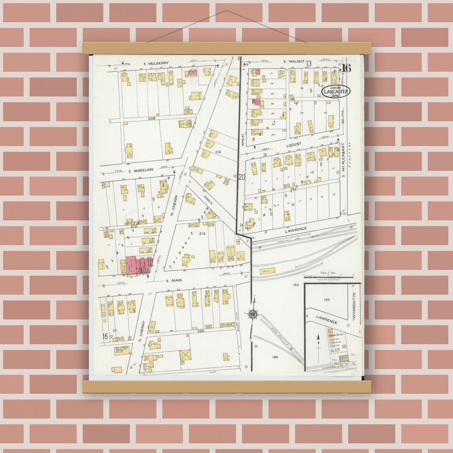 Old map wall art mockup — magnetic wood frame on brick wall — Sanborn Fire Insurance Map from Lancaster, Fairfield County, Ohio (1919), Sheet #0016