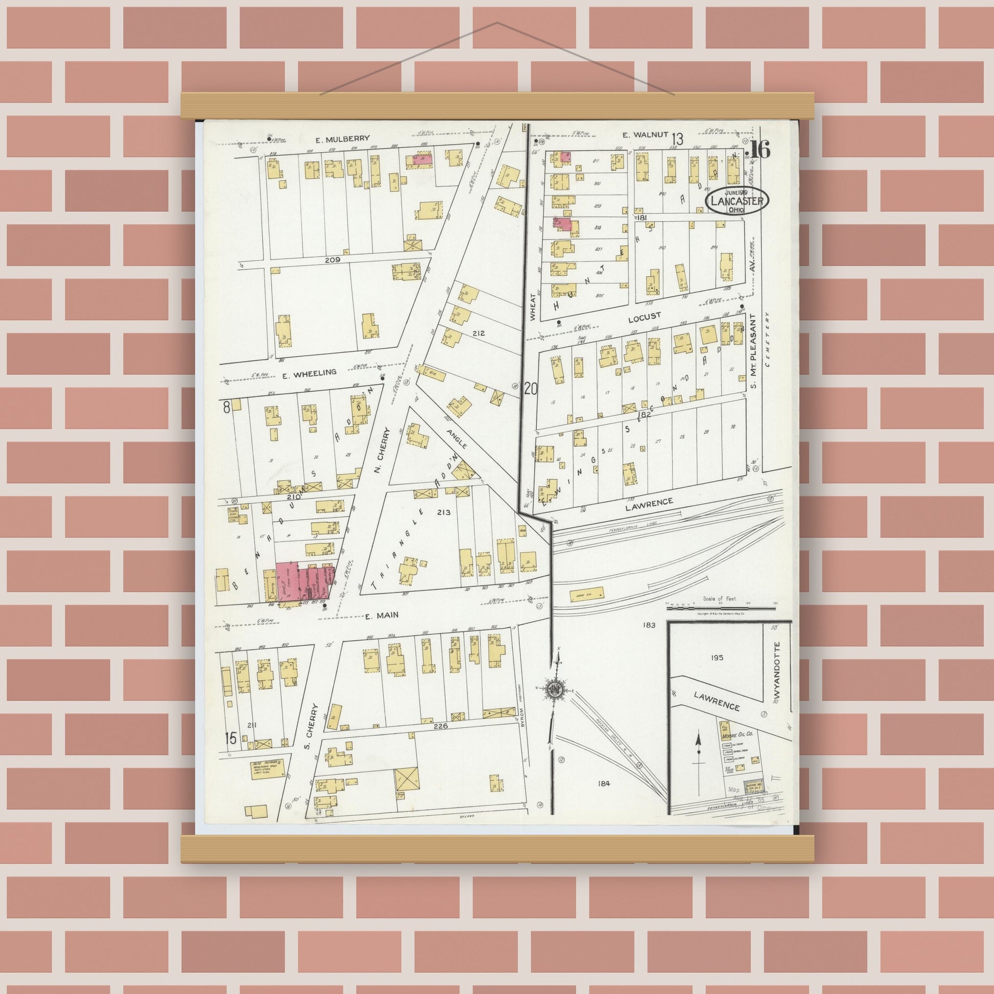 Old map wall art mockup — magnetic wood frame on brick wall — Sanborn Fire Insurance Map from Lancaster, Fairfield County, Ohio (1919), Sheet #0016