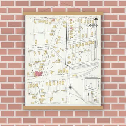 Old map wall art mockup — magnetic wood frame on brick wall — Sanborn Fire Insurance Map from Lancaster, Fairfield County, Ohio (1919), Sheet #0016