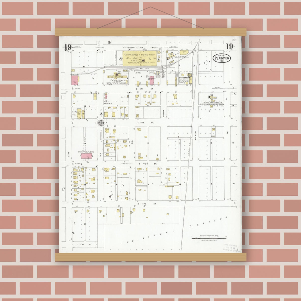 Old map wall art mockup — magnetic wood frame on brick wall — Sanborn Fire Insurance Map from Plainview, Hale County, Texas (1927), Sheet #0019