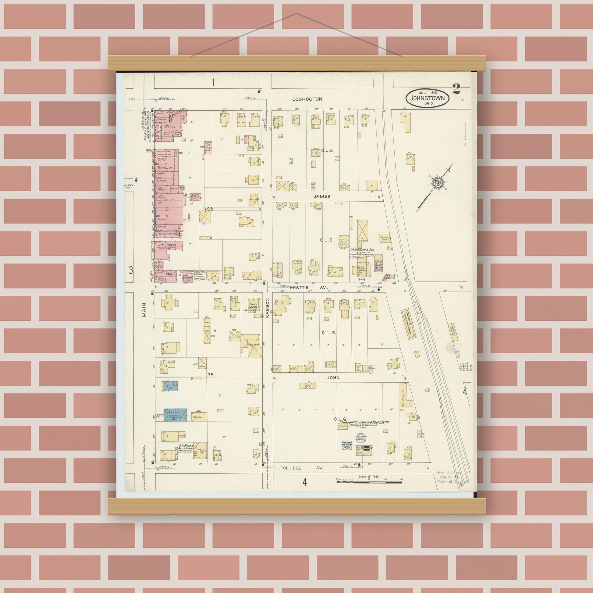 Old map wall art mockup — magnetic wood frame on brick wall — Sanborn Fire Insurance Map from Johnstown, Licking County, Ohio (1913), Sheet #0002