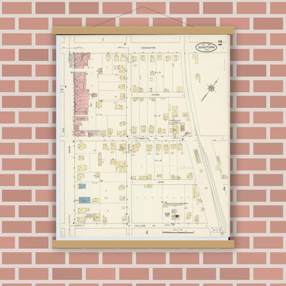 Old map wall art mockup — magnetic wood frame on brick wall — Sanborn Fire Insurance Map from Johnstown, Licking County, Ohio (1913), Sheet #0002