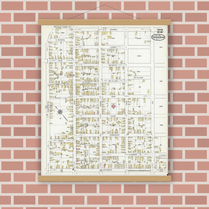 Old map wall art mockup — magnetic wood frame on brick wall — Sanborn Fire Insurance Map from Ogdensburg, St. Lawrence County, New York (1918), Sheet #0022