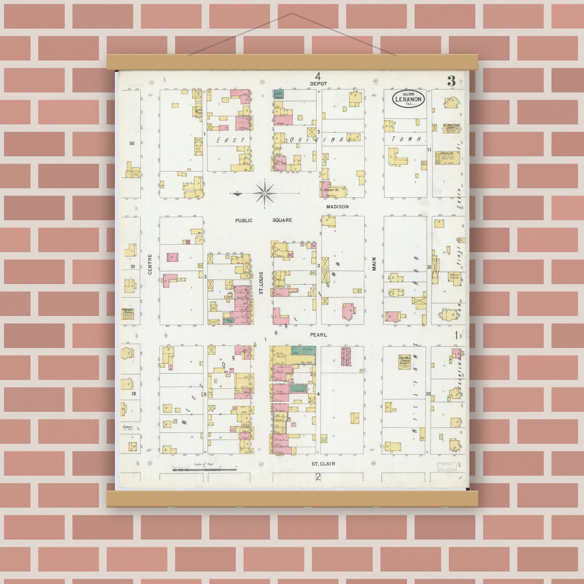 Old map wall art mockup — magnetic wood frame on brick wall — Sanborn Fire Insurance Map from Lebanon, Saint Clair County, Illinois (1899), Sheet #0003