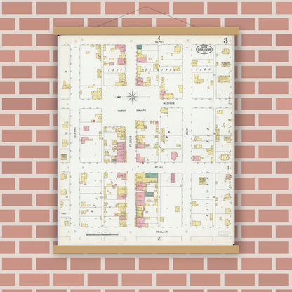 Old map wall art mockup — magnetic wood frame on brick wall — Sanborn Fire Insurance Map from Lebanon, Saint Clair County, Illinois (1899), Sheet #0003