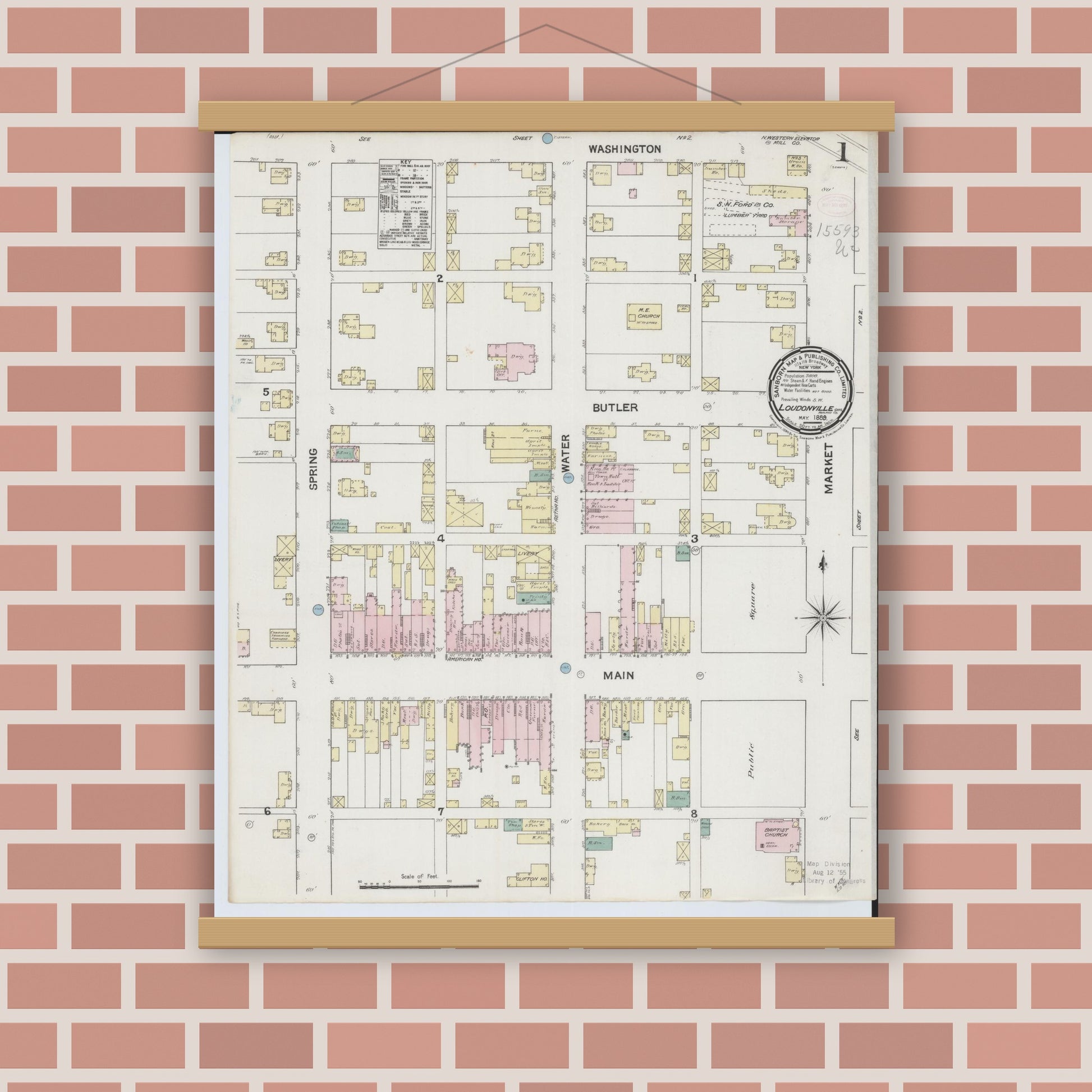 Old map wall art mockup — magnetic wood frame on brick wall — Sanborn Fire Insurance Map from Loudonville, Ashland County, Ohio (1889), Sheet #0001