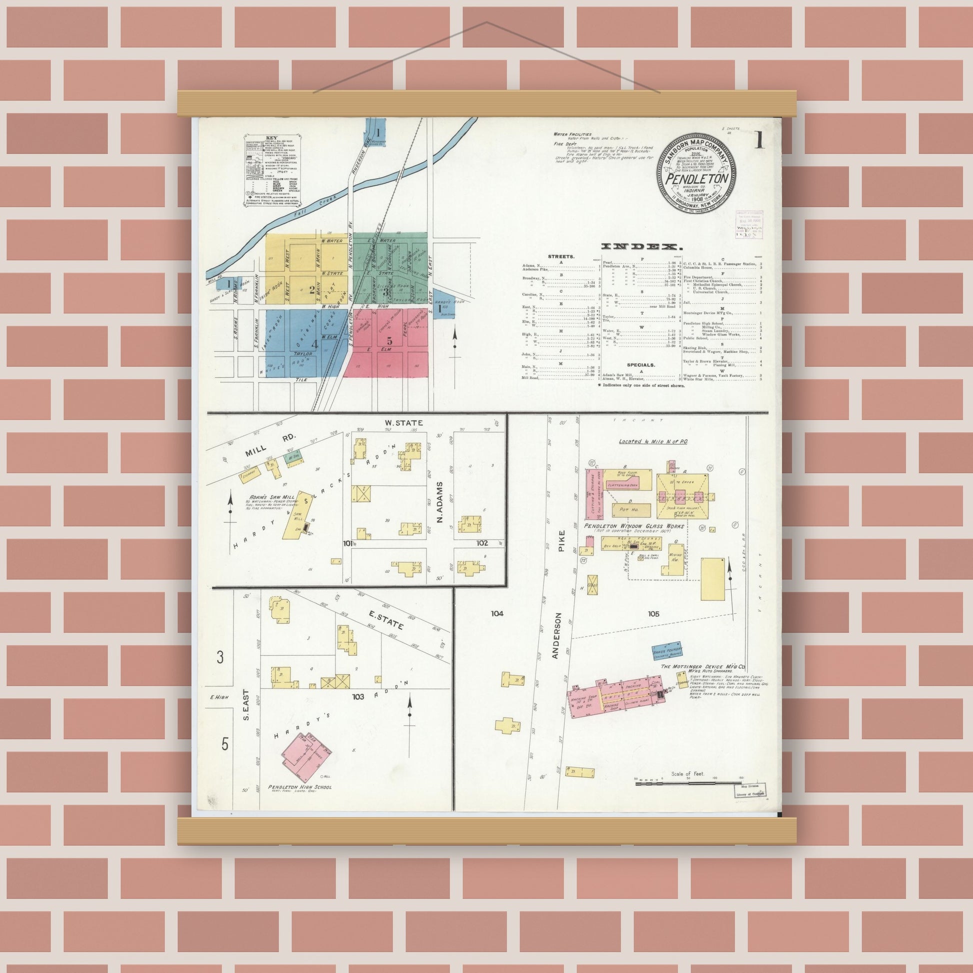 Old map wall art mockup — magnetic wood frame on brick wall — Sanborn Fire Insurance Map from Pendleton, Madison County, Indiana (1908) - Complete Map Set