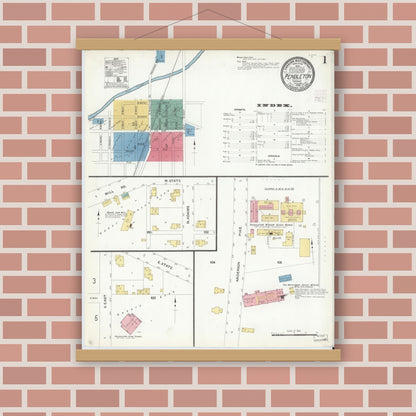 Old map wall art mockup — magnetic wood frame on brick wall — Sanborn Fire Insurance Map from Pendleton, Madison County, Indiana (1908) - Complete Map Set