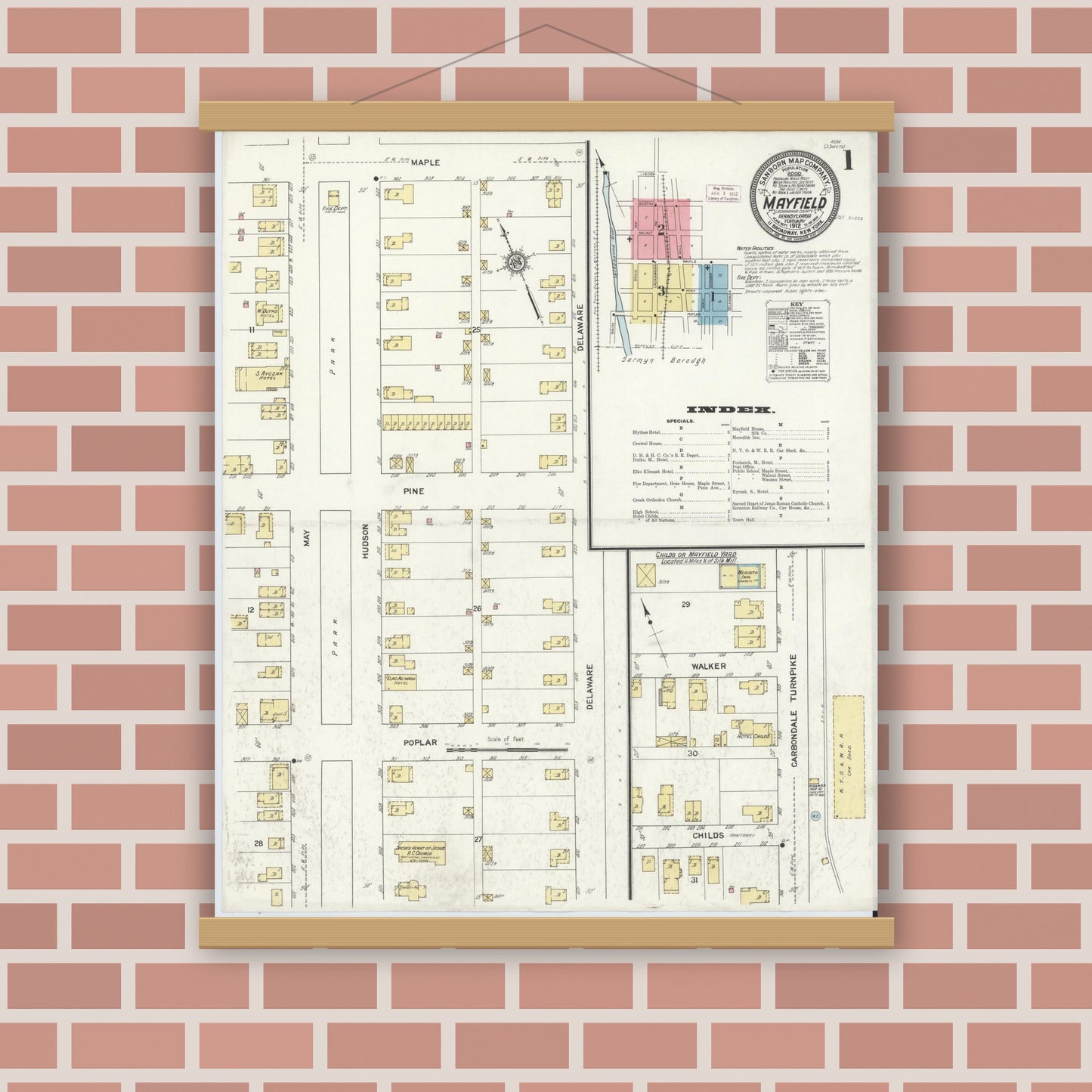 Old map wall art mockup — magnetic wood frame on brick wall — Sanborn Fire Insurance Map from Mayfield, Lackawanna County, Pennsylvania (1912), Sheet #0001