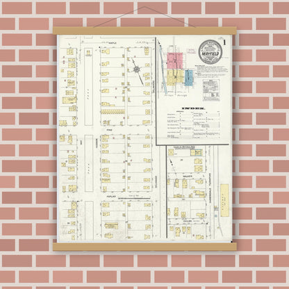 Old map wall art mockup — magnetic wood frame on brick wall — Sanborn Fire Insurance Map from Mayfield, Lackawanna County, Pennsylvania (1912), Sheet #0001
