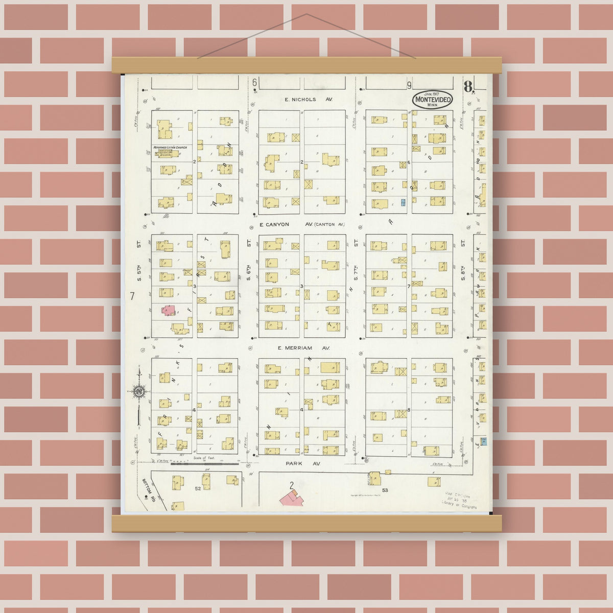 Old map wall art mockup — magnetic wood frame on brick wall — Sanborn Fire Insurance Map from Montevideo, Chippewa County, Minnesota (1917), Sheet #0008