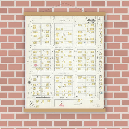 Old map wall art mockup — magnetic wood frame on brick wall — Sanborn Fire Insurance Map from Montevideo, Chippewa County, Minnesota (1917), Sheet #0008