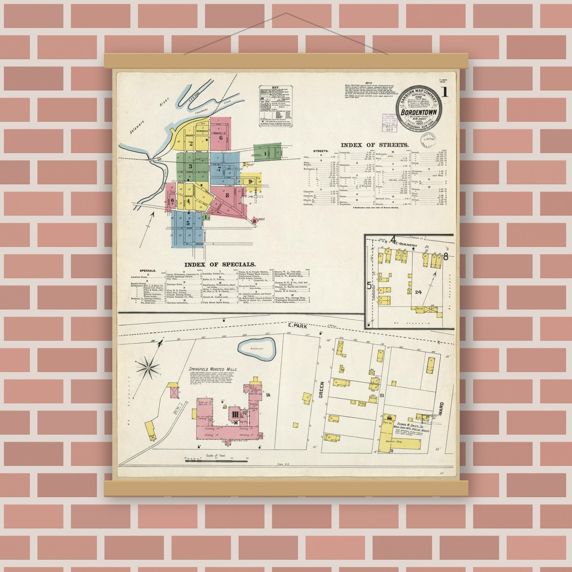 Old map wall art mockup — magnetic wood frame on brick wall — Sanborn Fire Insurance Map from Bordentown, Burlington County, New Jersey (1902), Sheet #0001