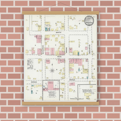Old map wall art mockup — magnetic wood frame on brick wall — Sanborn Fire Insurance Map from Wadesboro, Anson County, North Carolina (1892), Sheet #0001