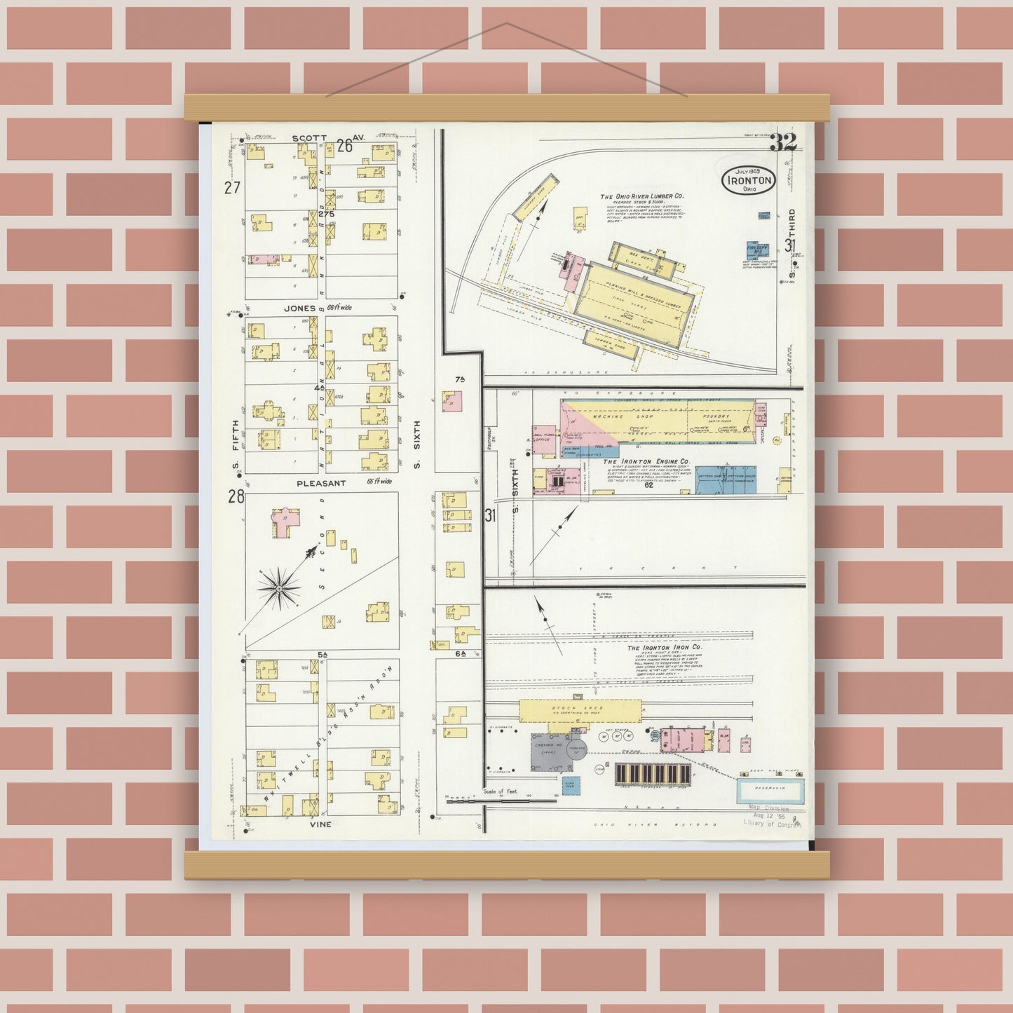Old map wall art mockup — magnetic wood frame on brick wall — Sanborn Fire Insurance Map from Ironton, Lawrence County, Ohio (1909), Sheet #0032
