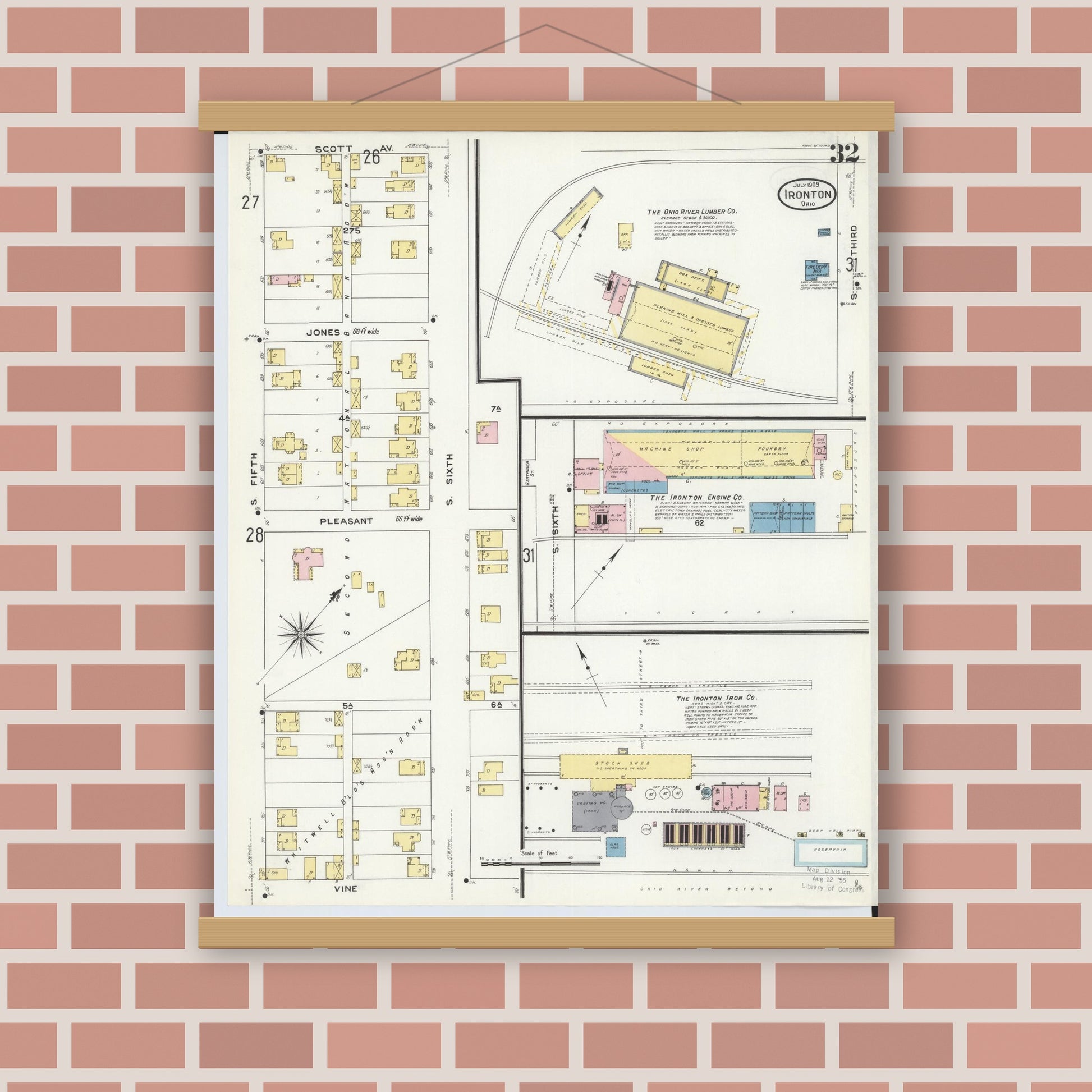 Old map wall art mockup — magnetic wood frame on brick wall — Sanborn Fire Insurance Map from Ironton, Lawrence County, Ohio (1909), Sheet #0032