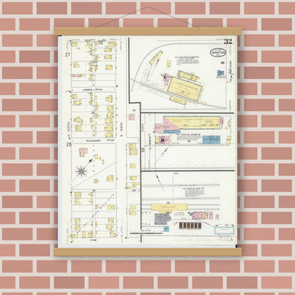 Old map wall art mockup — magnetic wood frame on brick wall — Sanborn Fire Insurance Map from Ironton, Lawrence County, Ohio (1909), Sheet #0032