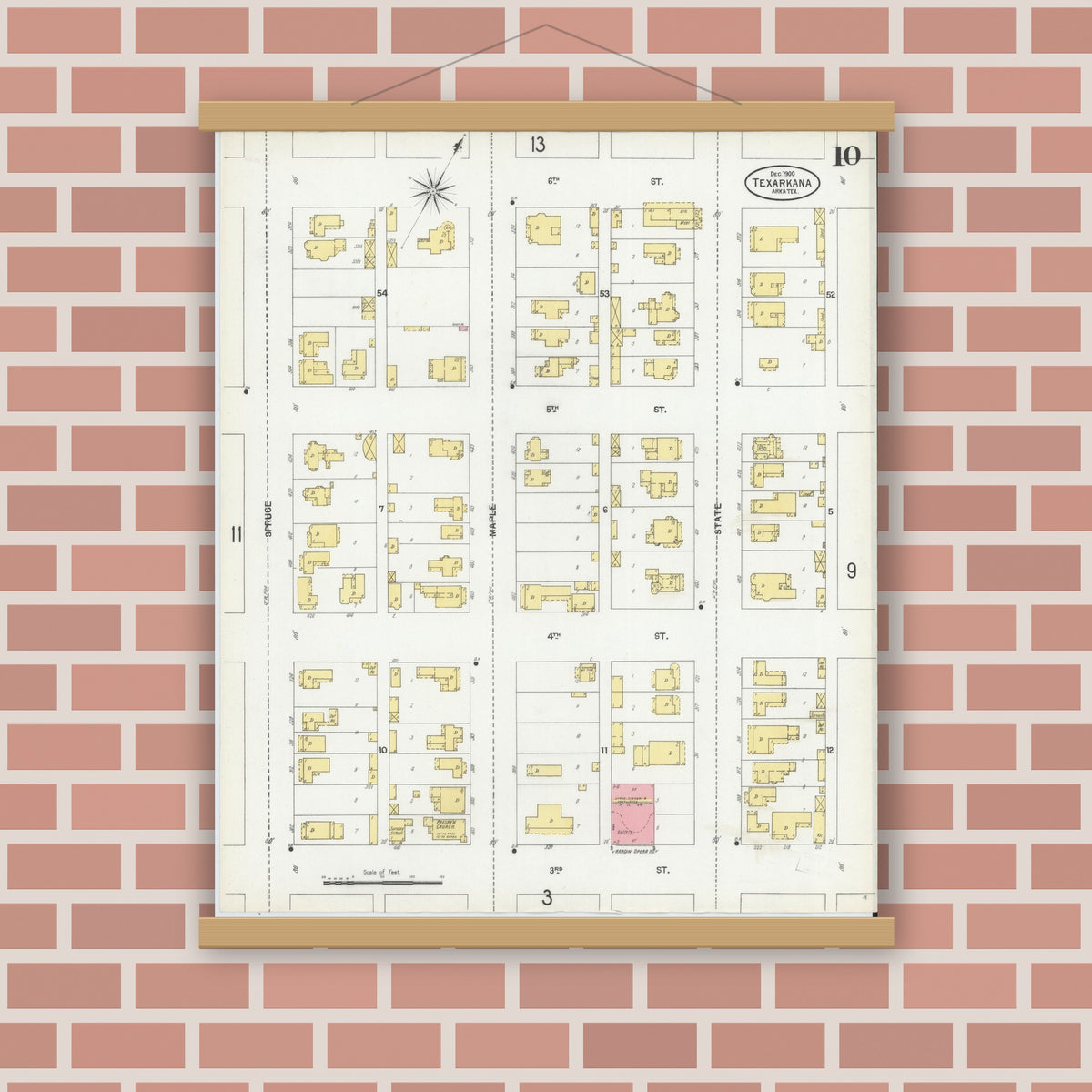 Old map wall art mockup — magnetic wood frame on brick wall — Sanborn Fire Insurance Map from Texarkana, Bowie County, Texas (1900), Sheet #0010