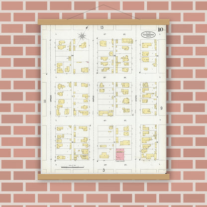 Old map wall art mockup — magnetic wood frame on brick wall — Sanborn Fire Insurance Map from Texarkana, Bowie County, Texas (1900), Sheet #0010