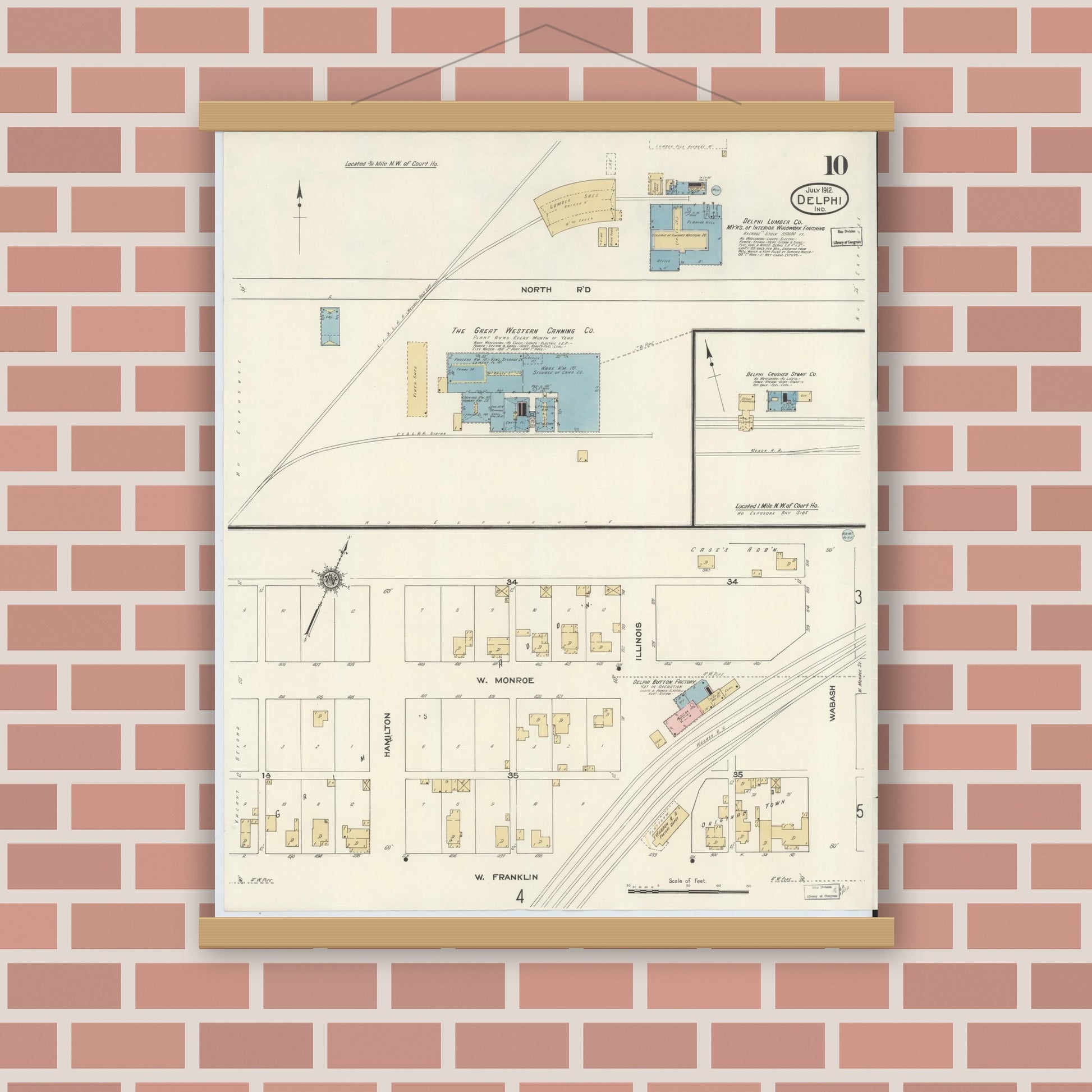 Old map wall art mockup — magnetic wood frame on brick wall — Sanborn Fire Insurance Map from Delphi, Carroll County, Indiana (1912), Sheet #0010