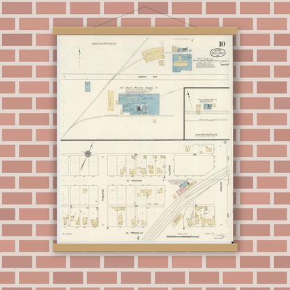 Old map wall art mockup — magnetic wood frame on brick wall — Sanborn Fire Insurance Map from Delphi, Carroll County, Indiana (1912), Sheet #0010
