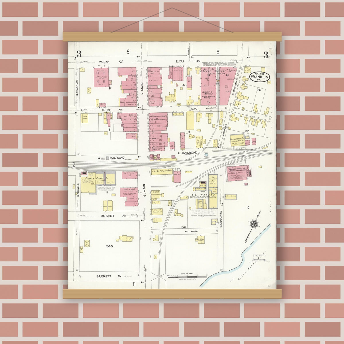 Old map wall art mockup — magnetic wood frame on brick wall — Sanborn Fire Insurance Map from Franklin, Independent Cities, Virginia (1923), Sheet #0003