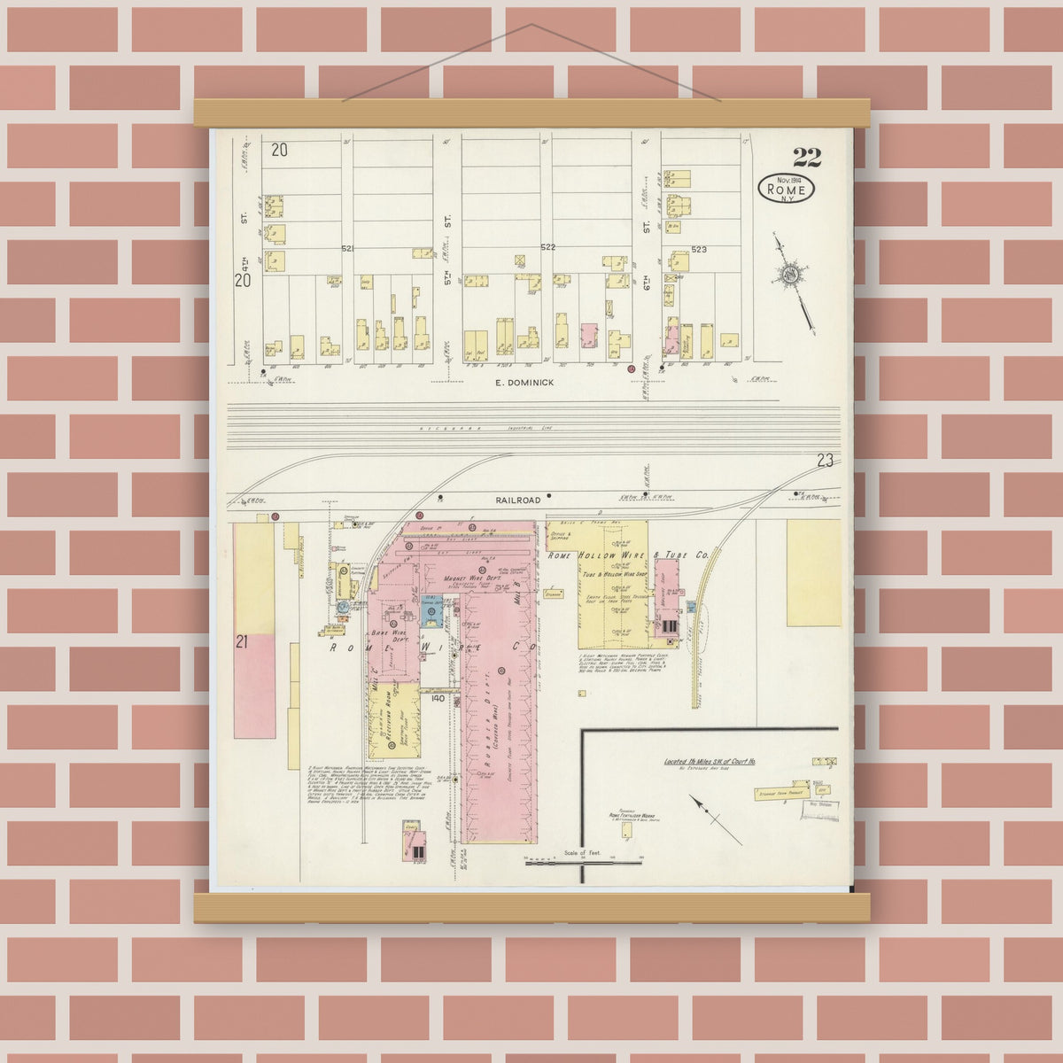 Old map wall art mockup — magnetic wood frame on brick wall — Sanborn Fire Insurance Map from Rome, Oneida County, New York (1914), Sheet #0022