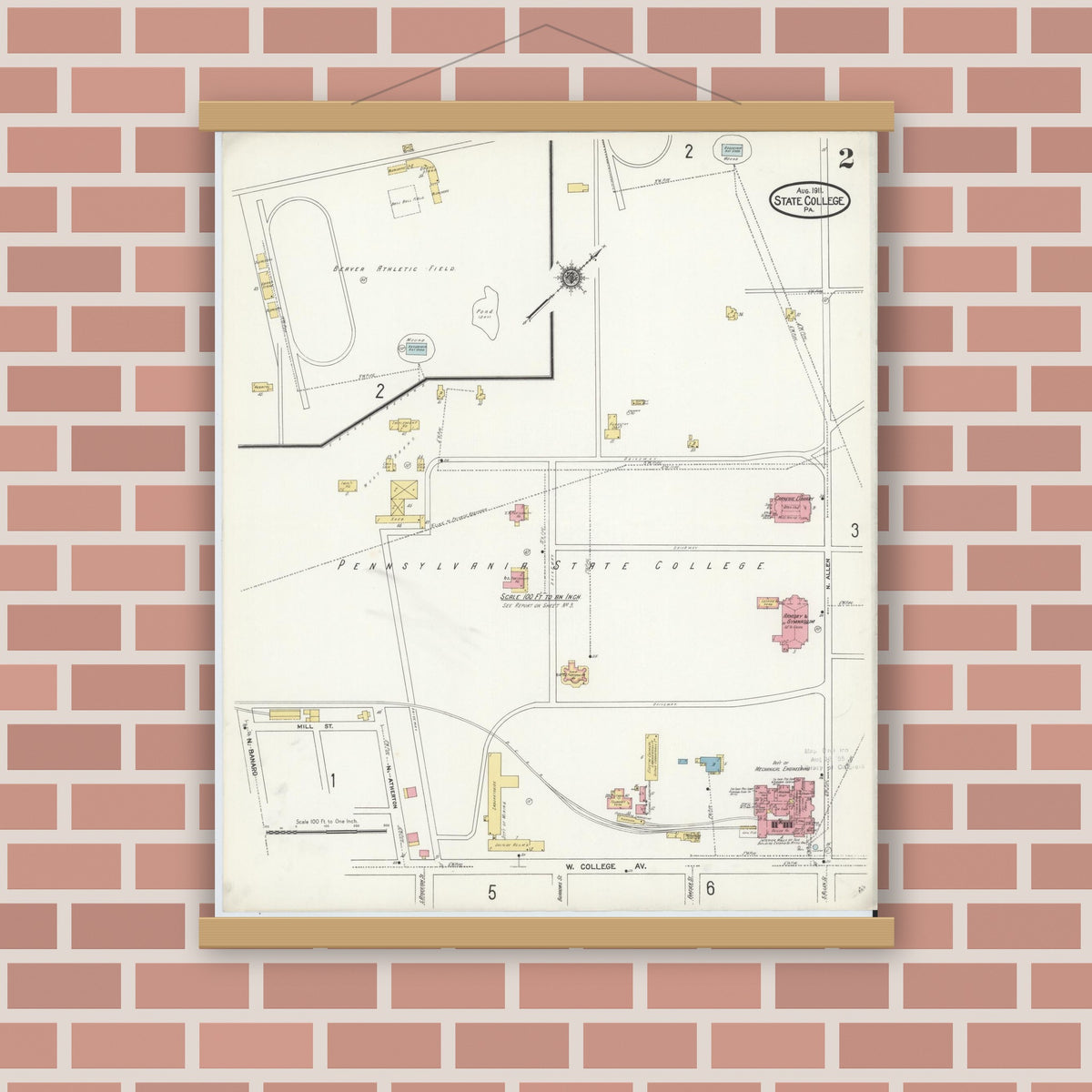 Old map wall art mockup — magnetic wood frame on brick wall — Sanborn Fire Insurance Map from State College, Centre County, Pennsylvania (1911), Sheet #0002