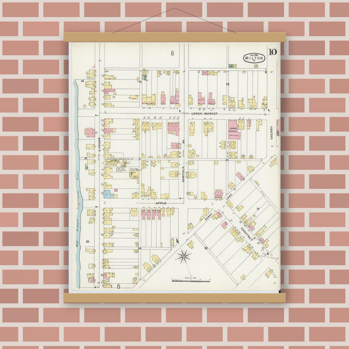 Old map wall art mockup — magnetic wood frame on brick wall — Sanborn Fire Insurance Map from Milton, Northumberland County, Pennsylvania (1896), Sheet #0010