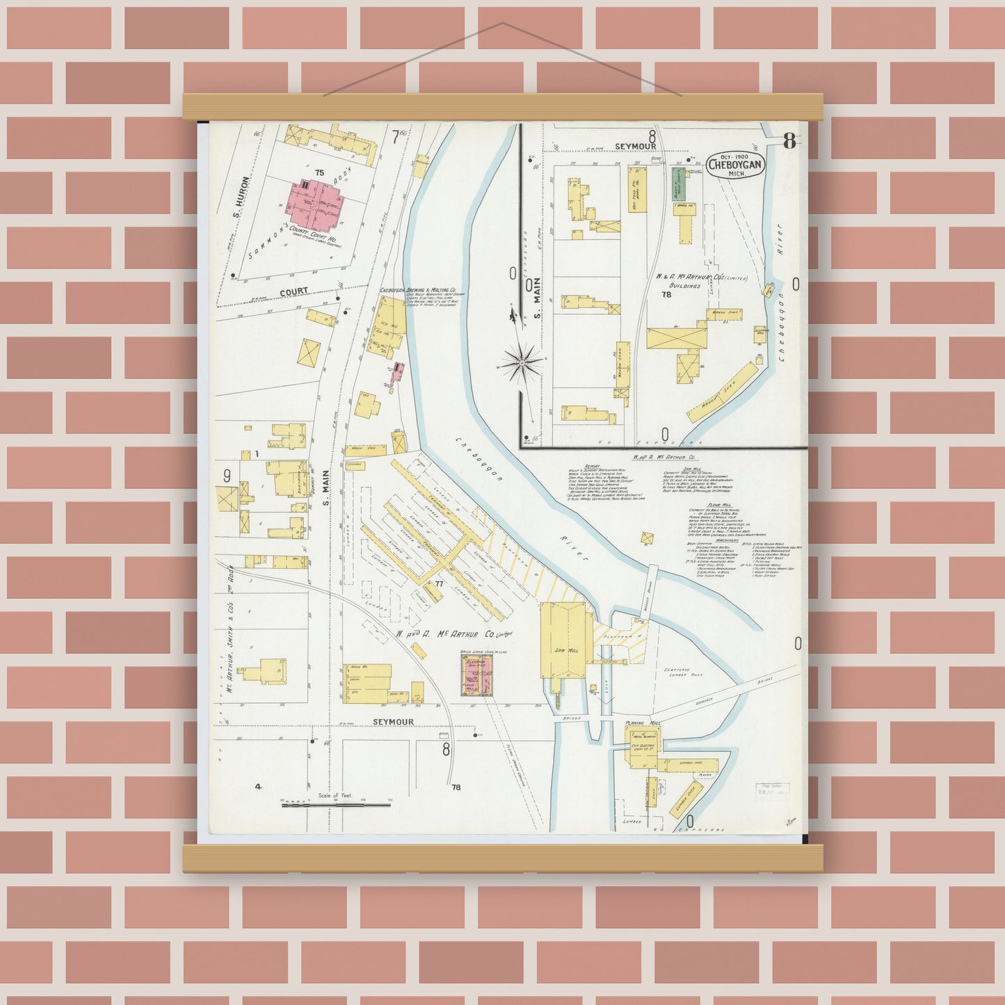 Old map wall art mockup — magnetic wood frame on brick wall — Sanborn Fire Insurance Map from Cheboygan, Cheboygan County, Michigan (1900), Sheet #0008