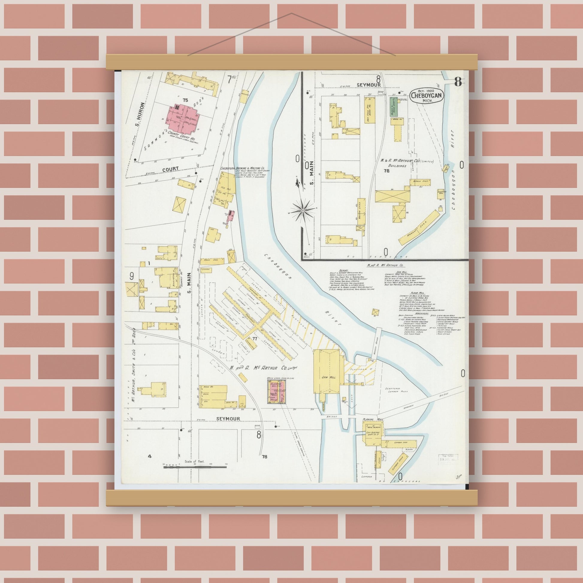 Old map wall art mockup — magnetic wood frame on brick wall — Sanborn Fire Insurance Map from Cheboygan, Cheboygan County, Michigan (1900), Sheet #0008