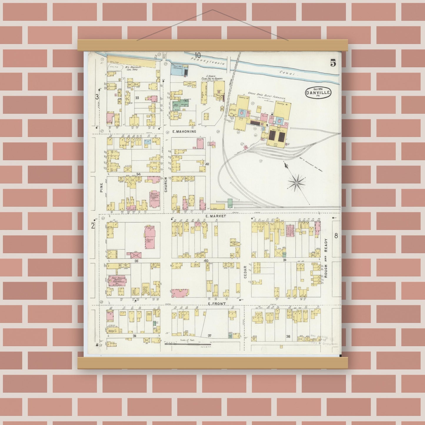 Old map wall art mockup — magnetic wood frame on brick wall — Sanborn Fire Insurance Map from Danville, Montour County, Pennsylvania (1896), Sheet #0005