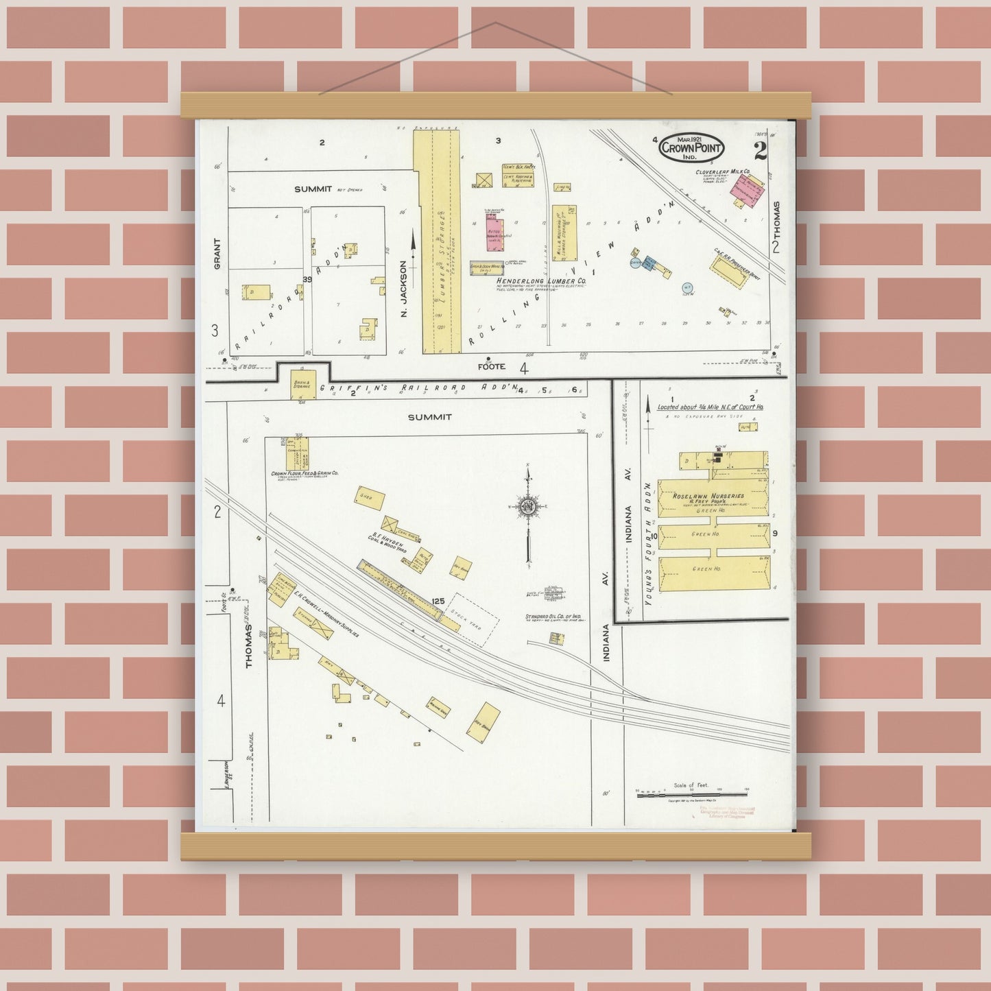 Old map wall art mockup — magnetic wood frame on brick wall — Sanborn Fire Insurance Map from Crown Point, Lake County, Indiana (1921), Sheet #0002
