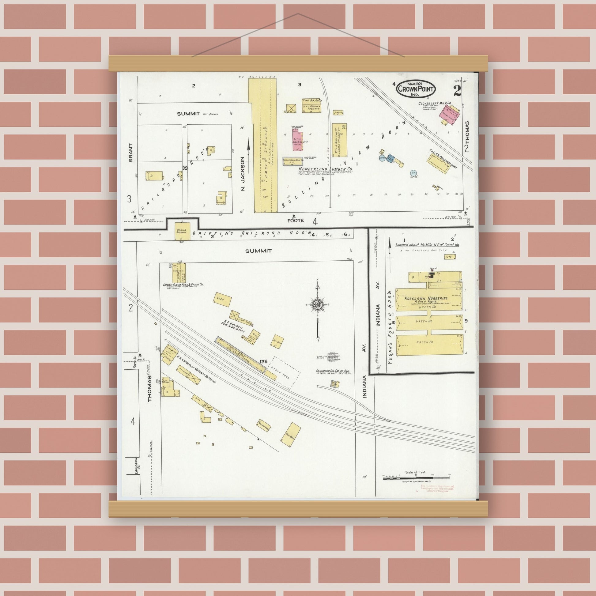 Old map wall art mockup — magnetic wood frame on brick wall — Sanborn Fire Insurance Map from Crown Point, Lake County, Indiana (1921), Sheet #0002