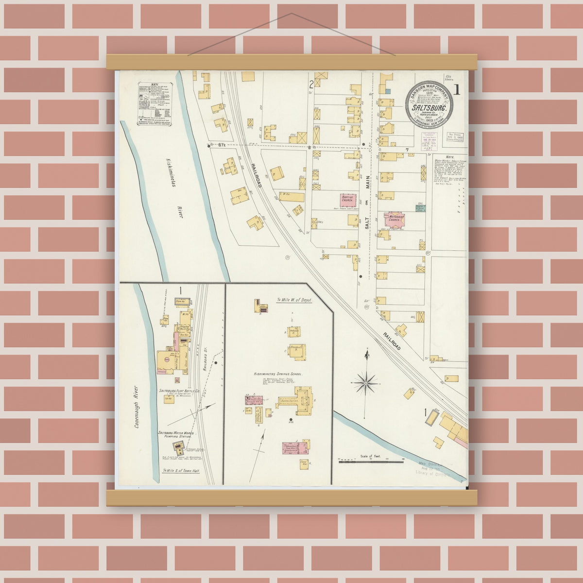 Old map wall art mockup — magnetic wood frame on brick wall — Sanborn Fire Insurance Map from Saltsburg, Indiana County, Pennsylvania (1903), Sheet #0001