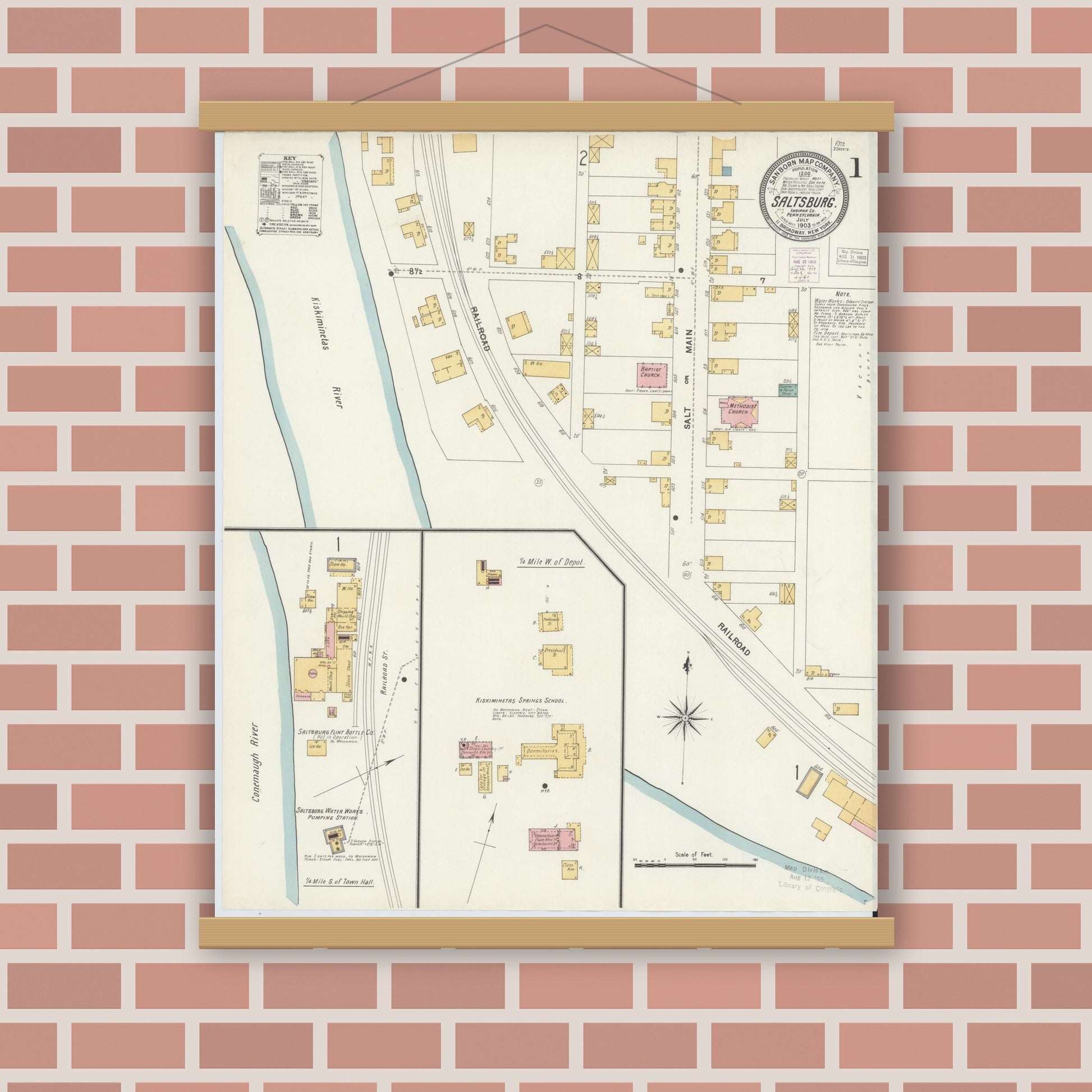 Old map wall art mockup — magnetic wood frame on brick wall — Sanborn Fire Insurance Map from Saltsburg, Indiana County, Pennsylvania (1903), Sheet #0001