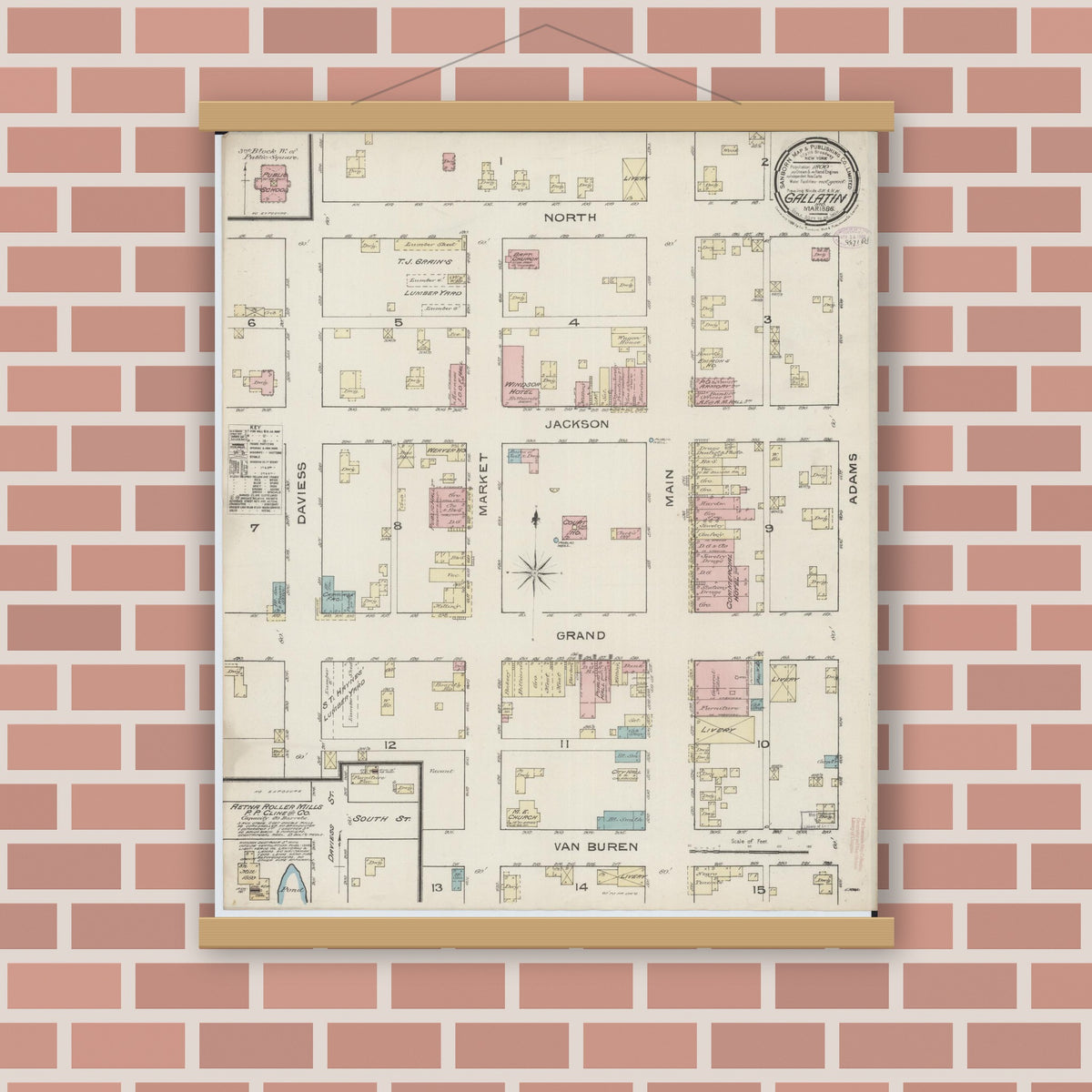 Old map wall art mockup — magnetic wood frame on brick wall — Sanborn Fire Insurance Map from Gallatin, Daviess County, Missouri (1886), Sheet #0001